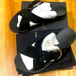 Rag & bone black suede sandals with metal buckle in original box with shoe bags